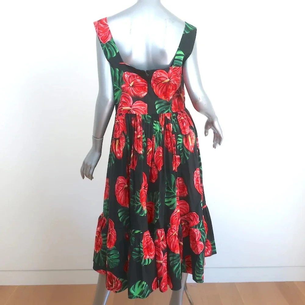 Dolce & Gabbana Sleeveless Midi Dress Black Laceleaf Floral Print Poplin Size 48 - Picture 5 of 7